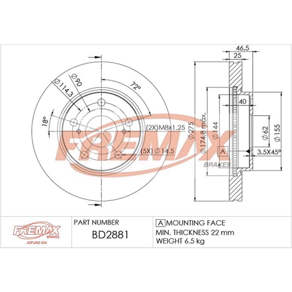 Disco Freio Ventilado Diant Fremax TOYOTA RAV4 2.0L 4WD 2012-2016 / TOYOTA RAV4 2.5 L 4WD AT. 2012-2016 / TOYOTA RAV4 VVTI 2005-2013
